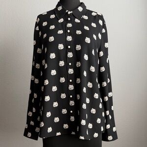 NWT Kate Spade Black and White Cat Print Pearl Button Down Shirt Size Large